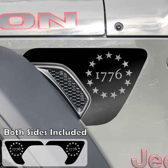 1776 with 13 stars cut out of black decal sticker in the shape of a side fender vent area on a Jeep Wrangler or Gladiator.