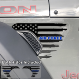 Black tattered American flag decal sticker with Air Force text in Brilliant Blue installed on a Jeep Wrangler or Gladiator fender vent.