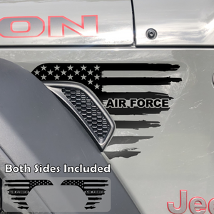 Black tattered American flag decal sticker with Air Force text in Brilliant Blue installed on a Jeep Wrangler or Gladiator fender vent.