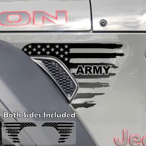 Black tattered American flag decal sticker with green Army text installed on a Jeep Wrangler or Gladiator fender vent.