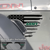 Black tattered American flag decal sticker with green Army text installed on a Jeep Wrangler or Gladiator fender vent.