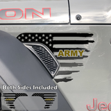 Black tattered American flag decal sticker with gold Army text installed on a Jeep Wrangler or Gladiator fender vent.