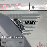 Gray tattered American flag decal sticker with black Army text installed on a Jeep Wrangler or Gladiator fender vent.