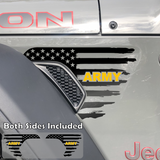 Black tattered American flag decal sticker with yellow Army text installed on a Jeep Wrangler or Gladiator fender vent.