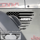 Black tattered American flag decal sticker with white Army text installed on a Jeep Wrangler or Gladiator fender vent.