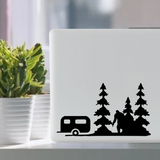 Camp Trailer, RV, with Sasquatch, Bigfoot & Trees in Forest Waterproof Vinyl Decal Sticker