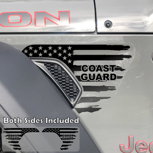 Black tattered American flag decal sticker with Coast Guard text in Brilliant Blue installed on a Jeep Wrangler or Gladiator fender vent.