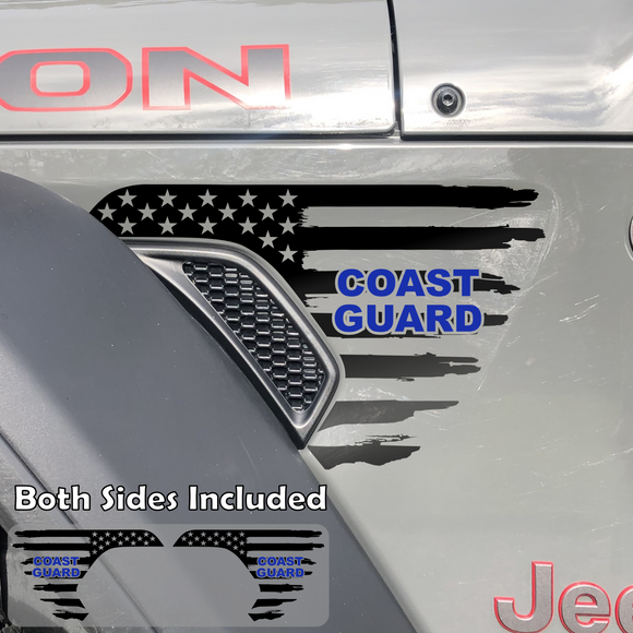 Black tattered American flag decal sticker with Coast Guard text in Brilliant Blue installed on a Jeep Wrangler or Gladiator fender vent.