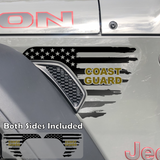 Black tattered American flag decal sticker with Coast Guard text in Gold installed on a Jeep Wrangler or Gladiator fender vent.