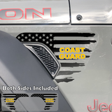 Black tattered American flag decal sticker with Coast Guard text in yellow installed on a Jeep Wrangler or Gladiator fender vent.