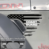 Black tattered American flag decal sticker with Coast Guard text in White installed on a Jeep Wrangler or Gladiator fender vent.