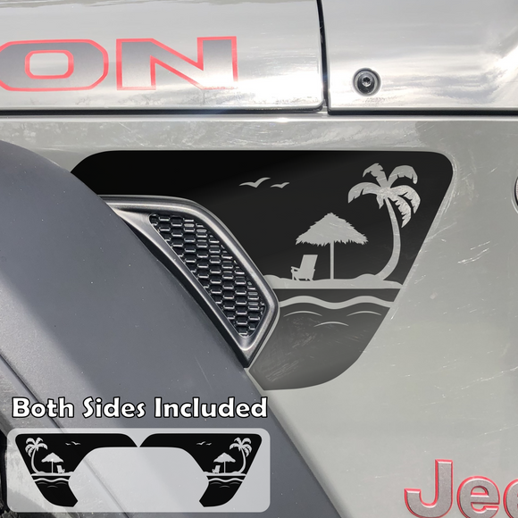 Palm Tree, Grass Umbrella & Chair on the Beach Fender Vent Decals, Both Sides Included, Fits Jeep Wrangler JL & Gladiator JT