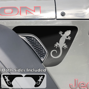 This Lizard Gecko Fender Vent Decal is cut to fit inside the Jeep  Wrangler JL or Gladiator JT side fender vent area and is made from Premium Outdoor 6 year rated vinyl.  The Egyptians and the Greeks considered lizards as symbolic of good fortune and intelligence. The Egyptian hieroglyphics also use lizard to convey 'many' or 'plentiful'.  There is a general tradition about gecko in Latin which means fortune, re-growth and overall life.