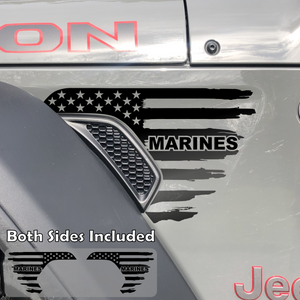 Black tattered American flag decal sticker with marines text in red installed on a Jeep Wrangler or Gladiator fender vent.