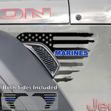 Black tattered American flag decal sticker with marines text in brilliant blue installed on a Jeep Wrangler or Gladiator fender vent.