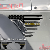 Black tattered American flag decal sticker with marines text in gold installed on a Jeep Wrangler or Gladiator fender vent.