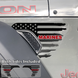 Black tattered American flag decal sticker with marines text in red installed on a Jeep Wrangler or Gladiator fender vent.