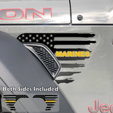 Black tattered American flag decal sticker with marines text in yellow installed on a Jeep Wrangler or Gladiator fender vent.