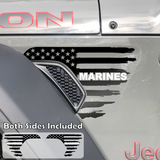 Black tattered American flag decal sticker with marines text in white installed on a Jeep Wrangler or Gladiator fender vent.