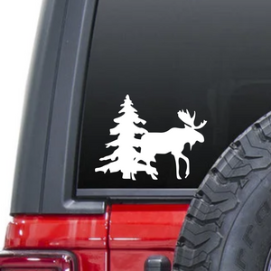 Bull moose with antlers in forest with tree waterproof vinyl decal sticker on a car window.