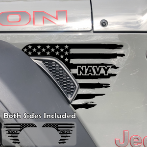 Black tattered American flag decal sticker with Navy text in Brilliant Blue installed on a Jeep Wrangler or Gladiator fender vent.