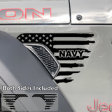 Black tattered American flag decal sticker with Navy text in black installed on a Jeep Wrangler or Gladiator fender vent.