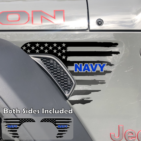 Black tattered American flag decal sticker with Navy text in Brilliant Blue installed on a Jeep Wrangler or Gladiator fender vent.