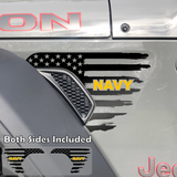 Black tattered American flag decal sticker with Navy text in yellow installed on a Jeep Wrangler or Gladiator fender vent.