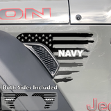 Black tattered American flag decal sticker with Navy text in white installed on a Jeep Wrangler or Gladiator fender vent.