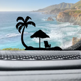 Palm Tree, Grass Umbrella & Chair on the Beach Easter Egg Windshield Decal Sticker on a car window in black.