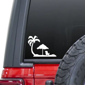 Palm tree umbrella and chair at beach waterproof vinyl decal sticker on a car window.