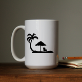 Palm tree umbrella and chair at beach waterproof vinyl decal sticker on a coffee cup.