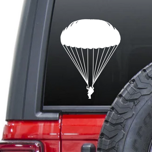 Paratrooper with parachute with pack military army man toy soldier waterproof vinyl decal sticker on a car window.