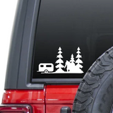 Camp Trailer, RV, with Sasquatch, Bigfoot & Trees in Forest vinyl decal sticker on car window.