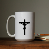 Cross Crucifix Waterproof Sticker Decal Sticker on a coffee cup.