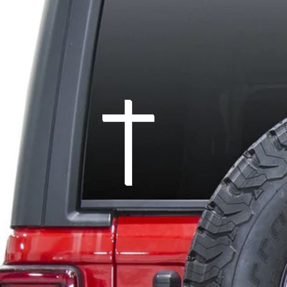 Cross Waterproof Vinyl Decal Sticker on a car window.