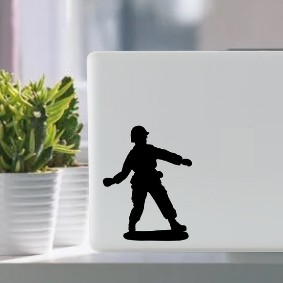 Hand grenade thrower military army man toy soldier waterproof vinyl decal sticker on a laptop tablet computer.