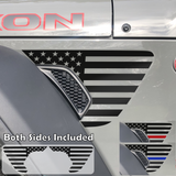 Black american flag fender vent decal on a jeep wrangler.