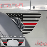 Black American flag with red center line fender vent decal on a jeep wrangler.