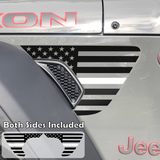 Black American flag with white center line fender vent decal on a jeep wrangler.