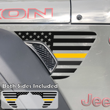 Black American flag with yellow center line fender vent decal on a jeep wrangler.