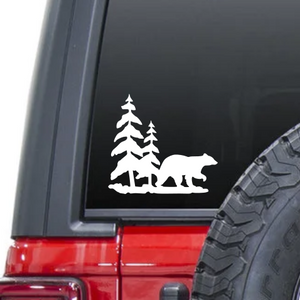 Bear with Trees Waterproof Sticker, Vinyl Decals, Cars, Car Bumpers, Car Windows, Phones, iPhones, Laptops, Tablets, iPads, Water Bottles, Travel, Mugs, Coffee Cups, Yeti Tumblers, Coolers, Lunch Boxes, Helmets, Wine Glasses, Pint Glasses, Glassware.