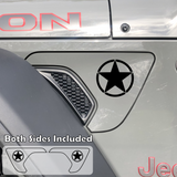 Black military invasion star decal sticker with circle around it, and outline around vent area installed on a Jeep Wrangler or Gladiator fender vent.