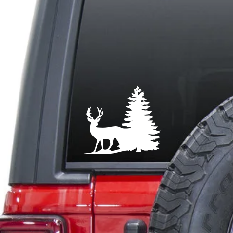 Deer with Trees Waterproof Sticker, Vinyl Decals, Cars, Car Bumpers, Car Windows, Phones, iPhones, Laptops, Tablets, iPads, Water Bottles, Travel, Mugs, Coffee Cups, Yeti Tumblers, Coolers, Lunch Boxes, Helmets, Wine Glasses, Pint Glasses, Glassware.