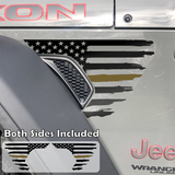 Black tattered, torn and weathered American flag with a gold middle line decal sticker, filling in the side fender vent area on a jeep wrangler.