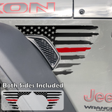 Black tattered, torn and weathered American flag with a red middle line decal sticker, filling in the side fender vent area on a jeep wrangler.