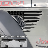 Black tattered, torn and weathered American flag decal sticker, filling in the side fender vent area on a jeep wrangler.