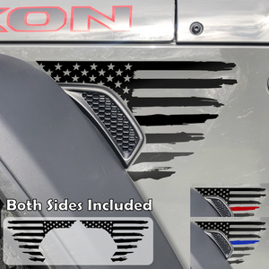 Black tattered, torn and weathered American flag decal sticker, filling in the side fender vent area on a jeep wrangler.