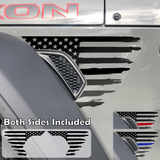 Black tattered, torn and weathered American flag decal sticker, filling in the side fender vent area on a jeep wrangler.