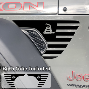 This Gadsden Don't Tread On Me American Flag Fender Vent Decal is cut to fit inside the Jeep  Wrangler JL or Gladiator JT side fender vent area and is made from Premium Outdoor 6 year rated vinyl.  The Gadsden flag is a historical American flag with a yellow field depicting a timber rattlesnake coiled and ready to strike.